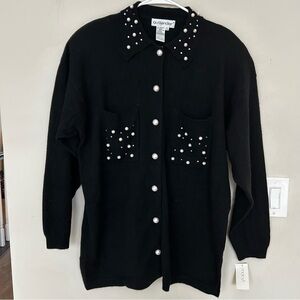 NWT Outlander Black Faux Pearl-Embellished Rhinestones wool Cardigan. Size 2X.